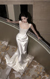 Vintage Mermaid Straps Sleeveless Satin Ivory Wedding Dresses HZ1022