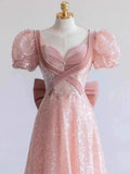 Princess A line Pink Short Sleeves Sequin Long Prom Dresses HZ1022