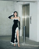 Vintage Sheath Strapless Sleeveless Black Slit Prom Dresses With Gloves HZ1022