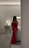 Stunning Mermaid Off The Shoulder Long Sleeves Red Slit Prom Dress Birthday Outfits HZ1022