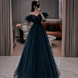 Sexy Ball Gown Off The Shoulder Navy BlueTulle Prom Dresses HZ1022