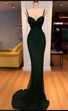 Charming Mermaid Spaghetti Straps Lace Dark Green Prom Dress Long Prom Dresses HZ1022