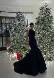 Simple Mermaid Scoop Neckline Satin Black Prom Dresses Long Prom Dress HZ1022