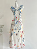 Fresh White Background Colorful Floral V-neck Ruffle Waist Chiffon Long Prom Dress Evening Dress HZ1022