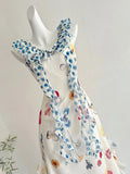 Fresh White Background Colorful Floral V-neck Ruffle Waist Chiffon Long Prom Dress Evening Dress HZ1022