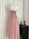 Elegant Pink A-line Tube Top Sequined Tulle Long Prom Dress Evening Dress Bridesmaid Dress HZ1022