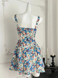 Fresh Blue Floral Waist Thin Strap Square Neck A-line Short 16th Birthday Homecoming Dress HZ1022
