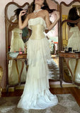 Vintage A line Strapless White Chiffon Long Prom Dresses HZ1022