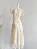 Elegant Vintage Ivory A-line Square Neck Short Sleeve Lace Waist Long Prom Dress Evening Dress HZ1022