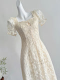 Elegant Vintage Ivory A-line Square Neck Short Sleeve Lace Waist Long Prom Dress Evening Dress HZ1022