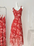 Beautiful Red Printed A-line V-neck Bow-strap Chiffon Long Prom Dress HZ1022