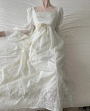 Retro Elegant Ivory A-line Square Neck Long Sleeve Embroidered Lace Long Prom Dress Evening Dress HZ1022