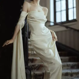 Vintage A line Strapless Long Sleeves White Silk Satin Backless Wedding Dresses HZ1022