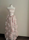 Sweet Pale Pink A-line 3D Floral Satin And Tulle Long Prom Dress Evening Dress Wedding Dress HZ1022