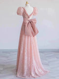 Princess A line Pink Short Sleeves Sequin Long Prom Dresses HZ1022