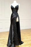 Black Floral Lace V-Neck Long Prom Dress with Slit Birthday Outfits HZ1022