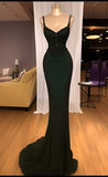 Sparkly Mermaid Spaghetti Straps Sleeveless Sequin Dark Green Prom Dresses Long Prom Dress HZ1022