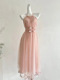 Elegant Pink A-line Halter Neck Waist Tulle Long Prom Dress Evening Dress Bridesmaid Dress HZ1022