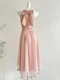 Elegant Pink A-line Halter Neck Waist Tulle Long Prom Dress Evening Dress Bridesmaid Dress HZ1022