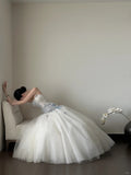 Dreamy White And Blue Gradient A-line Strapless Tulle Long Prom Dress Wedding Dress HZ1022