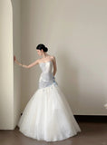 Dreamy White And Blue Gradient A-line Strapless Tulle Long Prom Dress Wedding Dress HZ1022