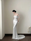 Elegant White Mermaid Sweetheart Neckline Lace Satin Long Wedding Dress HZ1022