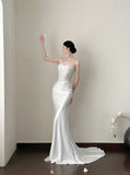 Elegant White Mermaid Sweetheart Neckline Lace Satin Long Wedding Dress HZ1022