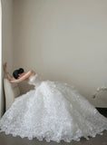 Elegant White Strapless Lace Train Ball Gown Wedding Dress HZ1022