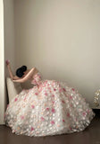 Sweet Pink And White Gradient Strapless 3D Floral Tulle Ball Gown Wedding Dress HZ1022