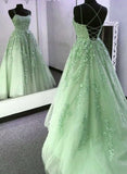 Light Green Prom Dresses Long A line Tulle Formal Evening Dress HZ1022