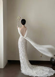 Elegant White Mermaid Train V-neck Lace Wedding Dress HZ1022