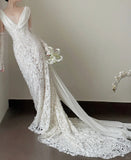 Elegant White Mermaid Train V-neck Lace Wedding Dress HZ1022