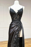 Black Floral Lace V-Neck Long Prom Dress with Slit Birthday Outfits HZ1022