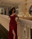 Simple A line Straps Sleeveless Satin Red Prom Dresses Long Prom Dress HZ1022