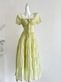 Fresh Light Green A-line Short-sleeved Back Hollow Long Prom Dress Bridesmaid Dress HZ1022