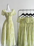 Fresh Light Green A-line Short-sleeved Back Hollow Long Prom Dress Bridesmaid Dress HZ1022