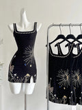 Fantasy Black Embroidered Slim Square Neck Short Birthday Dress Homecoming Dress HZ1022