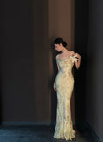 Vintage Light Green Printed Mermaid Strap Chiffon Long Prom Dress Evening Dress HZ1022