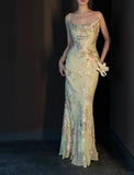 Vintage Light Green Printed Mermaid Strap Chiffon Long Prom Dress Evening Dress HZ1022