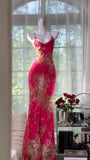 Vintage Rose Pink Floral Mermaid Backless Chiffon Long Prom Dress Evening Dress HZ1022