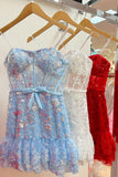 Simple Strapless Sequined Appliqued Sheer Tulle Sheath Mini Homecoming Dress HZ1022