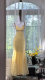 Elegant Pale Yellow Mermaid Strapless Backless Beaded Chiffon Long Prom Dress Evening Dress HZ1022
