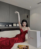 Simple A line Spaghetti Straps Sleeveless Satin Red Prom Dresses Long Prom Dress HZ1022