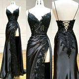 Black Floral Lace V-Neck Long Prom Dress with Slit Birthday Outfits HZ1022