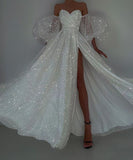 Sexy A line Sweetheart Off The Shoulder Tulle Slit Long Prom Dresses HZ1022
