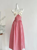 Retro Red And White Plaid A-line Bow Strap Long Prom Dress 17th Birthday Dress HZ1022