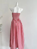 Retro Red And White Plaid A-line Bow Strap Long Prom Dress 17th Birthday Dress HZ1022
