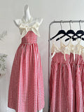 Retro Red And White Plaid A-line Bow Strap Long Prom Dress 17th Birthday Dress HZ1022