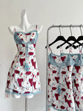 Retro Red White And Blue Contrast Print Slim Fit Mini Birthday Dress Homecoming Dress HZ1022