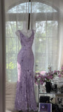 Elegant Purple Mermaid Printed Boat Neck Chiffon Long Prom Dress Evening Dress HZ1022
